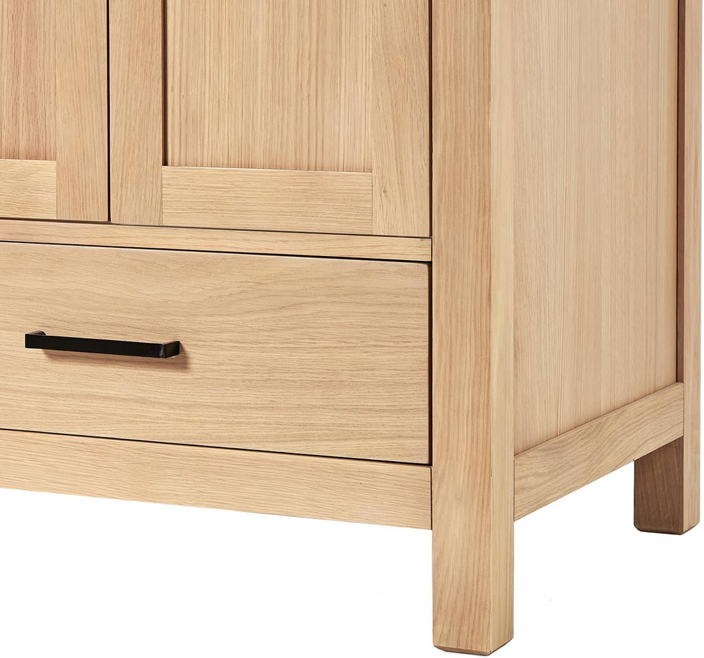 DKB Beckford 72-Inch Oak Double Bathroom Vanity, 1.5-Inch Pure White Quartz Countertop & 4-Inch Backsplash, Rectangle Sinks, 4 Soft Closing Doors, 6 Dovetail Drawers, Matte Black Hardware