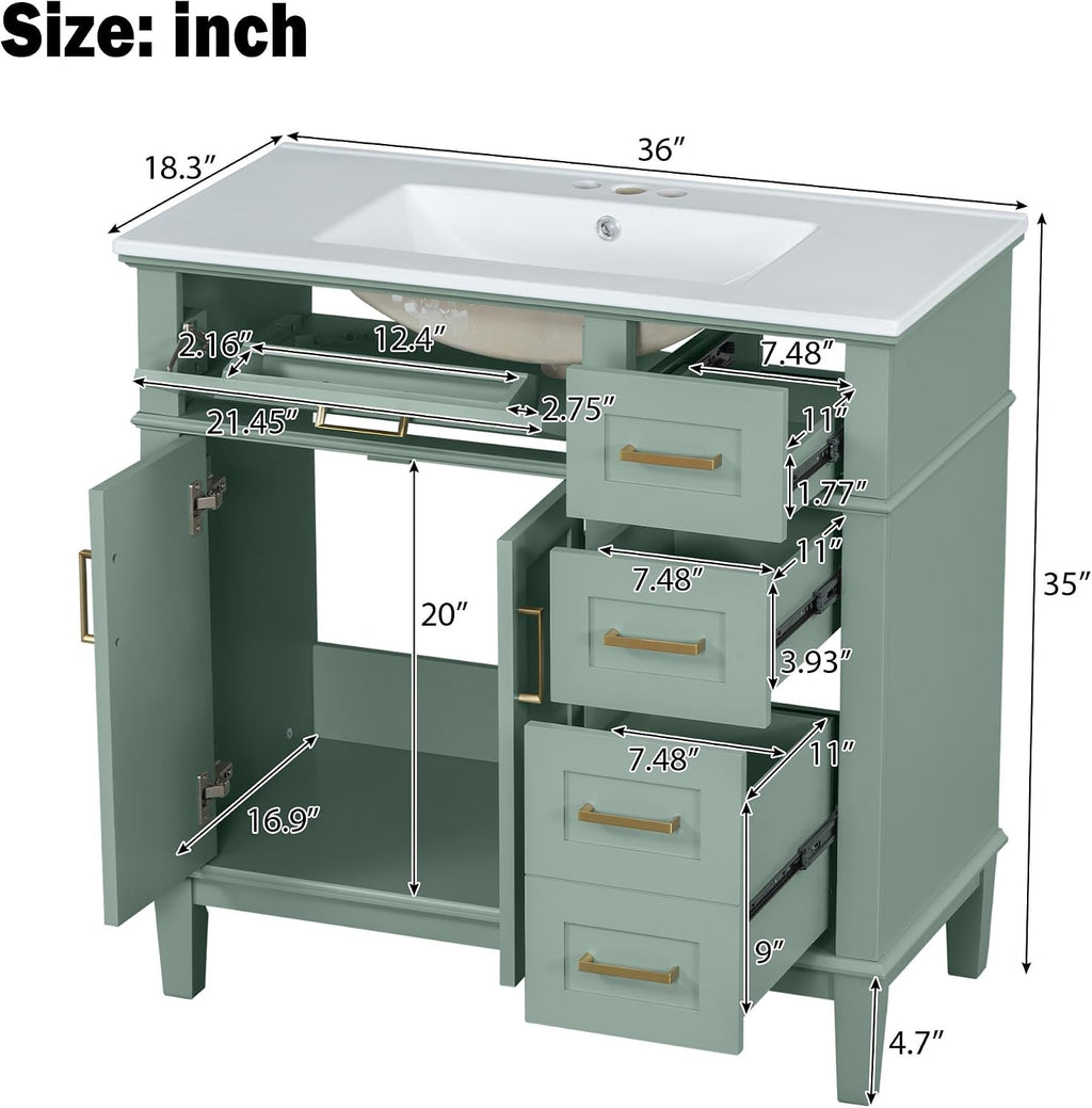 LUMISOL 36' Bathroom Vanity with Sink Combo, Modern Green Bathroom Storage Cabinet with Tip-Out Drawer, 3 Drawers & 2 Soft-Close Doors, Solid Wood Bathroom Vanity with Ceramic Sink, Green
