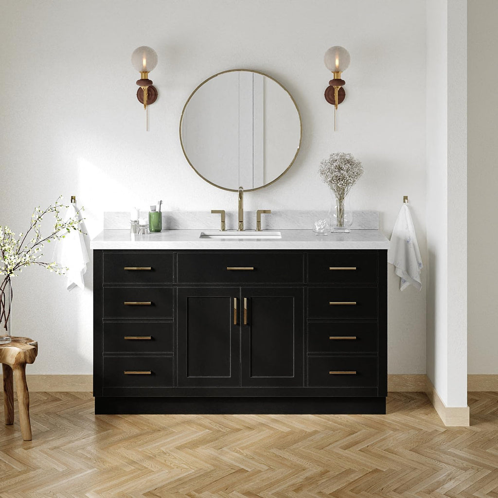 ARIEL Hepburn 60-inch Bathroom Vanity with Sink,Solid Wood, 1.5-inch Italian Carrara Marble Countertop, Single Rectangular Porcelain Sink, 2 Soft Closing Doors, 9 Dovetail Drawers, Black