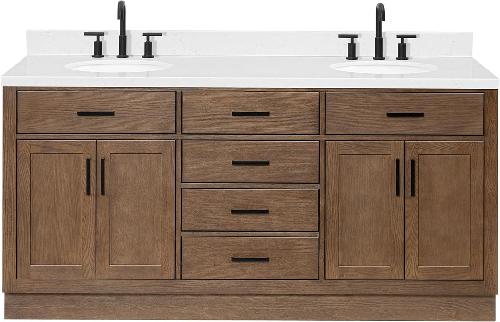 ARIEL Hepburn 72-inch Bathroom Vanity with Sink,Solid Wood, 1.5-inch Carrara White Quartz Countertop & Backsplash, Double Oval Porcelain Sink, 4 Soft Closing Doors, 6 Dovetail Drawers, Brown Oak
