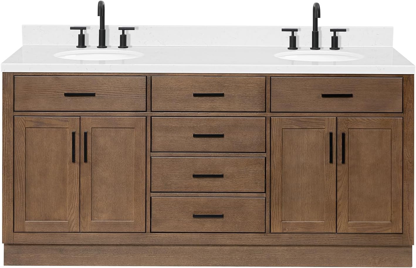 ARIEL Hepburn 72-inch Bathroom Vanity with Sink,Solid Wood, 1.5-inch Carrara White Quartz Countertop & Backsplash, Double Oval Porcelain Sink, 4 Soft Closing Doors, 6 Dovetail Drawers, Brown Oak