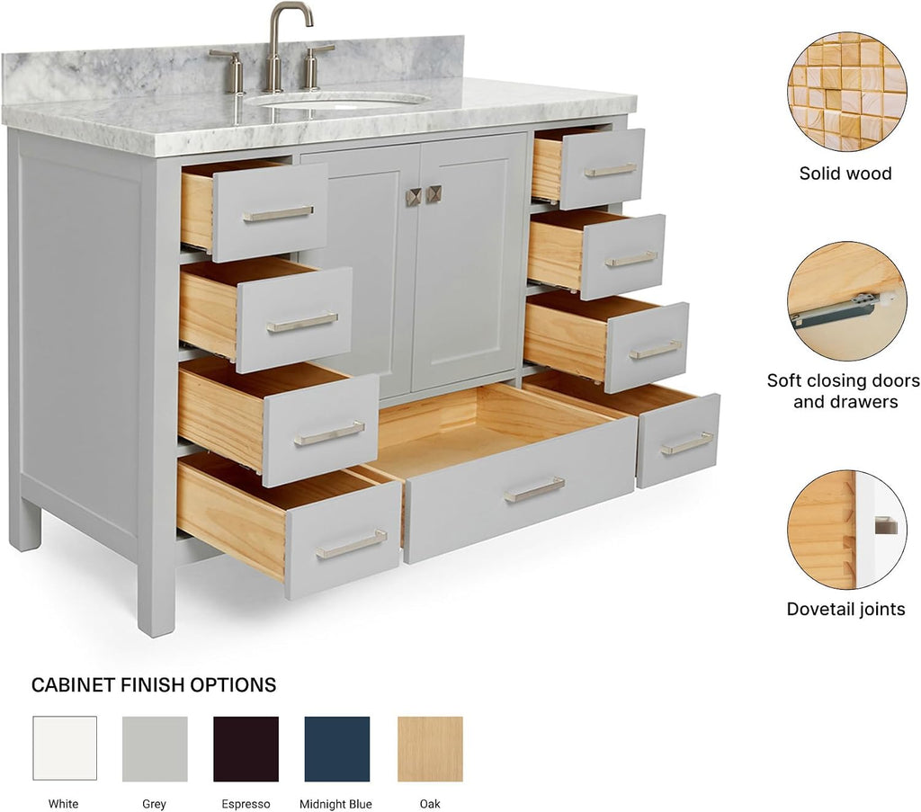 ARIEL Cambridge 48-inch Bathroom Vanity with Sink,Solid Wood, 1.5-inch Italian Carrara Marble Countertop & Backsplash, Single Oval Porcelain Sink, 2 Soft Closing Doors, 9 Dovetail Drawers, Grey