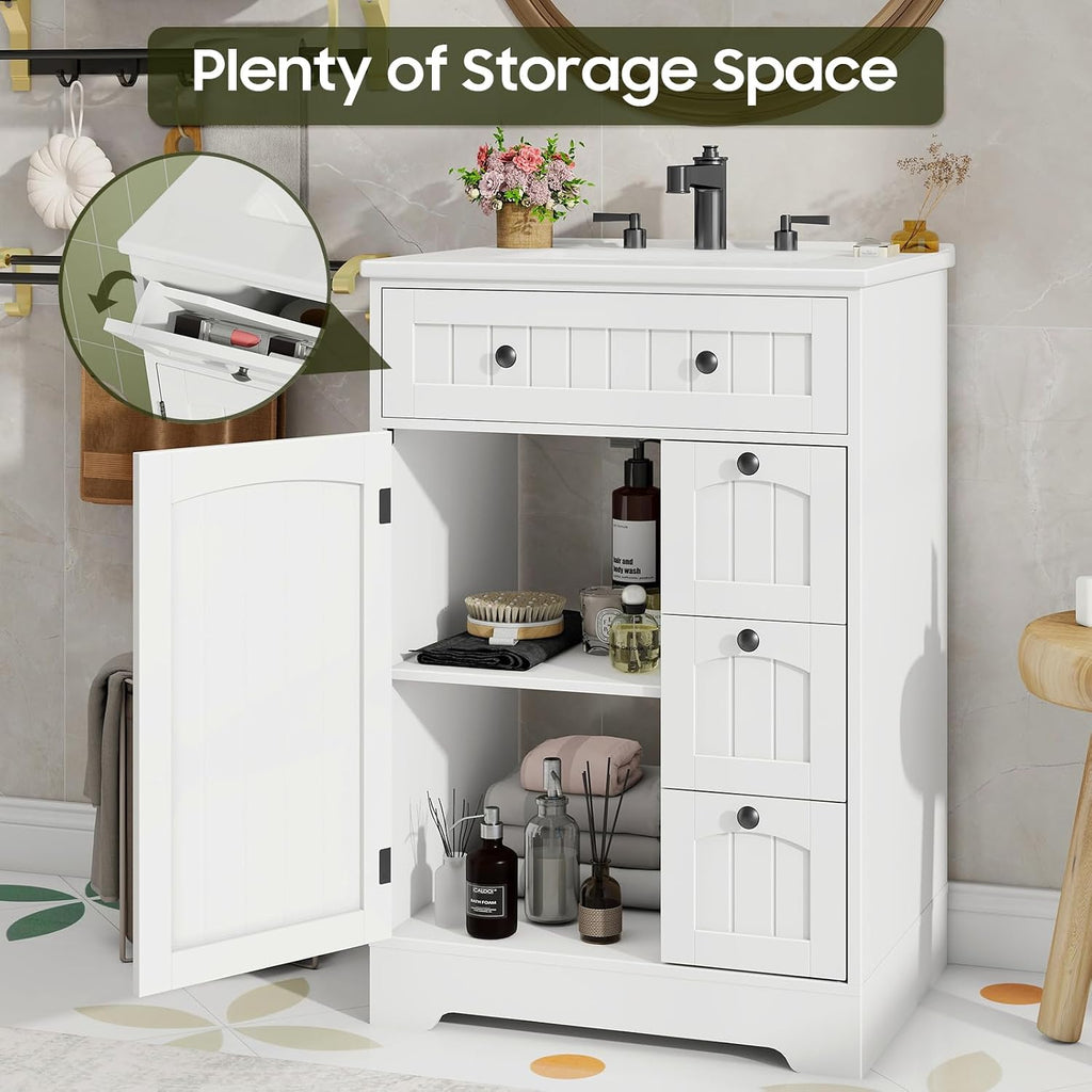 Vabches Bathroom Vanity with Sink Combo, Freestanding Bathroom Storage Cabinet with 4 Drawers and Sliding Door, Vintage Vanity Cabinet with Ceramic Sink, White