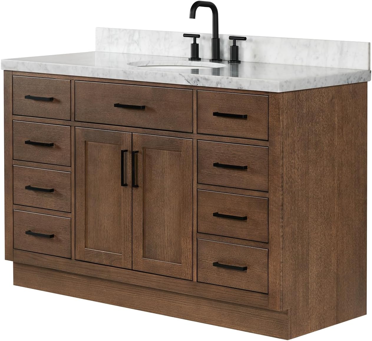 ARIEL Hepburn 54-inch Bathroom Vanity with Sink,Solid Wood, 1.5-inch Italian Carrara Marble Countertop & Backsplash, Single Oval Porcelain Sink, 2 Soft Closing Doors, 9 Dovetail Drawers, Brown Oak