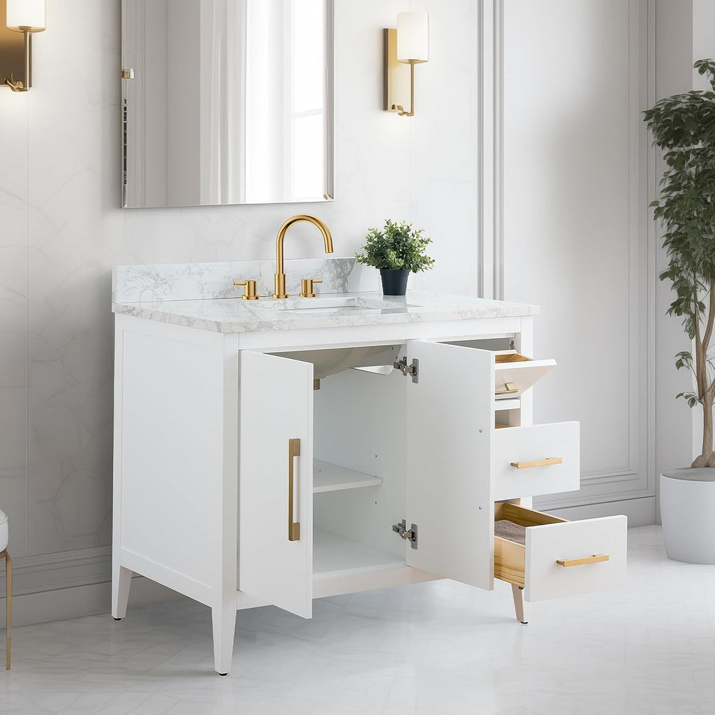 Vanity Art 42 inch Bathroom Vanity with Single Sink & Ceramic Top, Vanity Cabinet with Soft-Closing Doors, Drawers, Solid Wood Frame, White, Brushed Nickle Handware