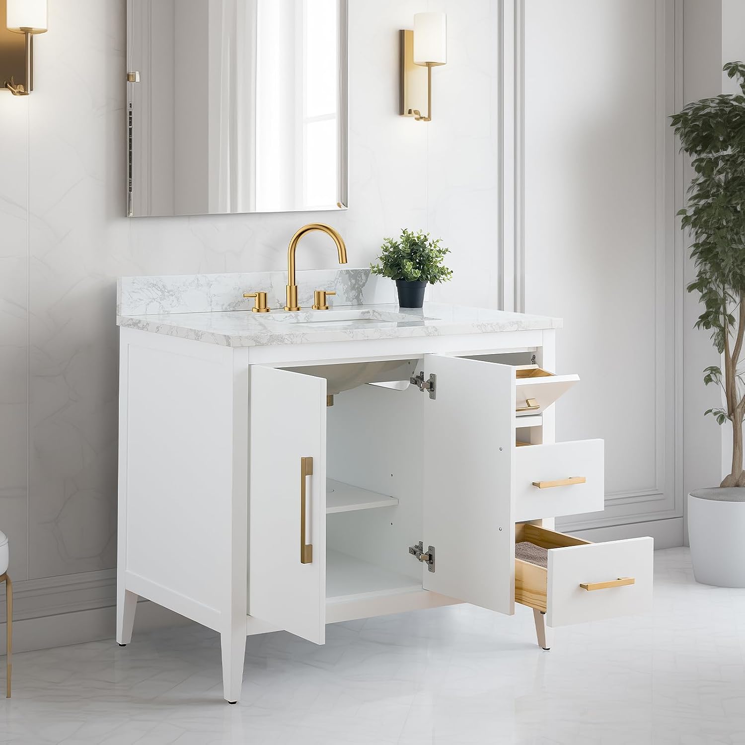 Vanity Art 42 inch Bathroom Vanity with Single Sink & Ceramic Top, Vanity Cabinet with Soft-Closing Doors, Drawers, Solid Wood Frame, White, Brushed Nickle Handware