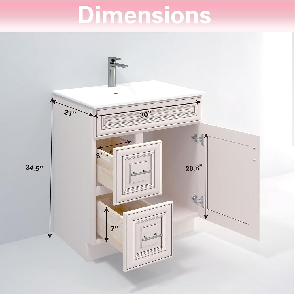 30' Shaker Bathroom Vanity Sink Base with Drawers (Ready-to-Assemble) (Antique White Vanity Base)
