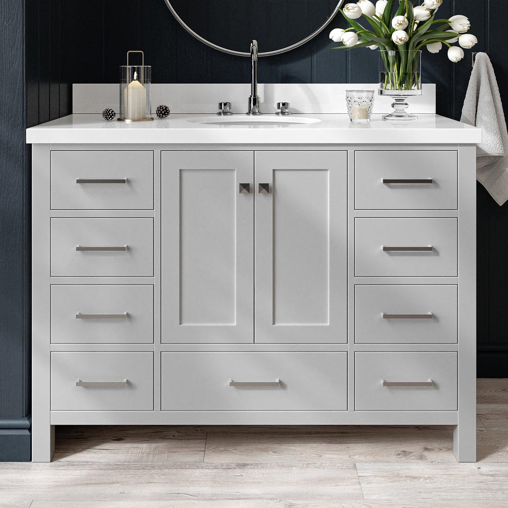 ARIEL Cambridge 48-inch Bathroom Vanity with Sink,Solid Wood, 1.5-inch Pure White Quartz Countertop & Backsplash, Single Oval Porcelain Sink, 2 Soft Closing Doors, 9 Dovetail Drawers, Grey