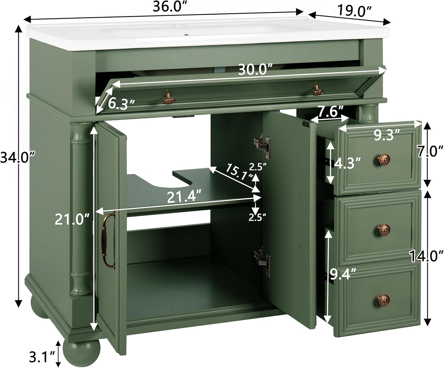 36 inch Bathroom Vanity with Sink, Freestanding Bathroom Vanity Cabinet with Ceramic Sink, Flip Top Drawer, 2 Large Capacity Drawers, Soft Closing Doors, Adjustable Shelf, Round Column Base, Green