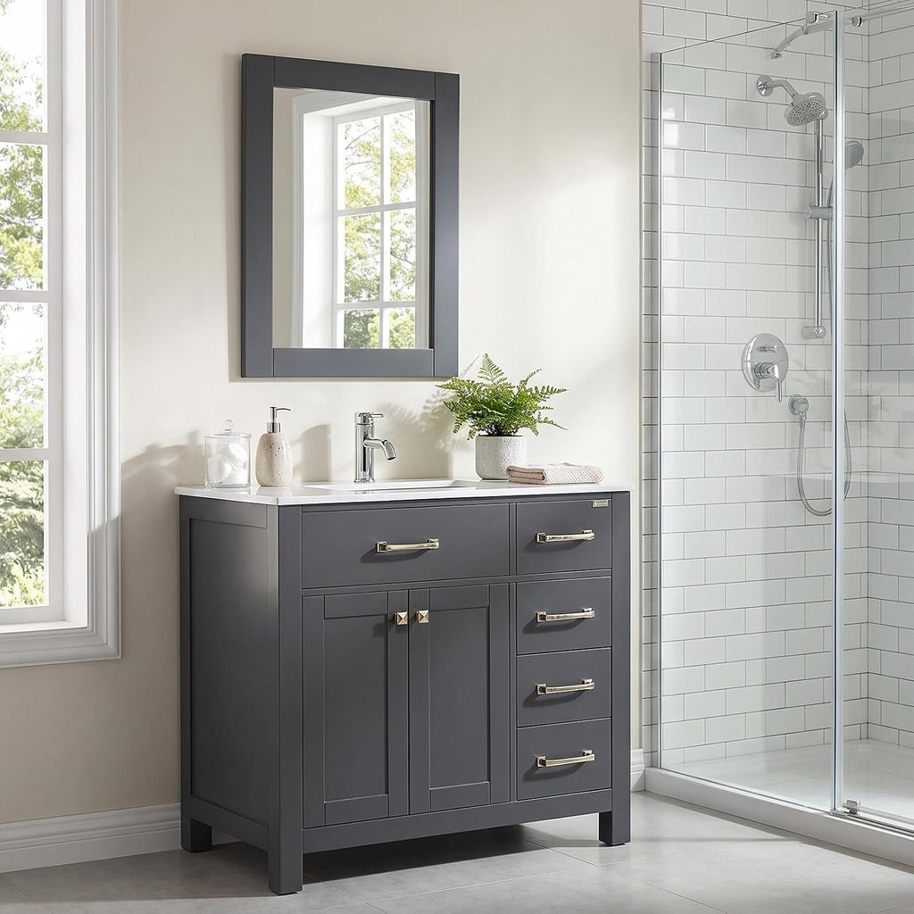 36 inch Bathroom Vanity with Sink Countertop Mirror Faucet Modern Grey | Freestanding bathroom vanity cabinet, ceramic single sink combo