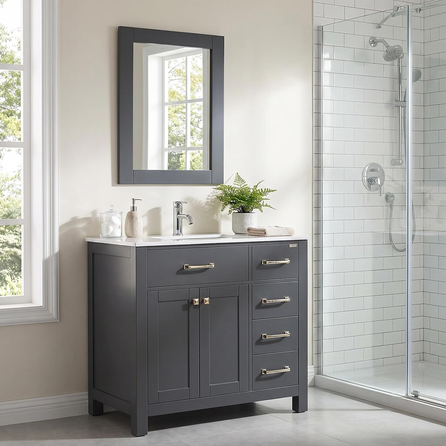 36 inch Bathroom Vanity with Sink Countertop Mirror Faucet Modern Grey | Freestanding bathroom vanity cabinet, ceramic single sink combo