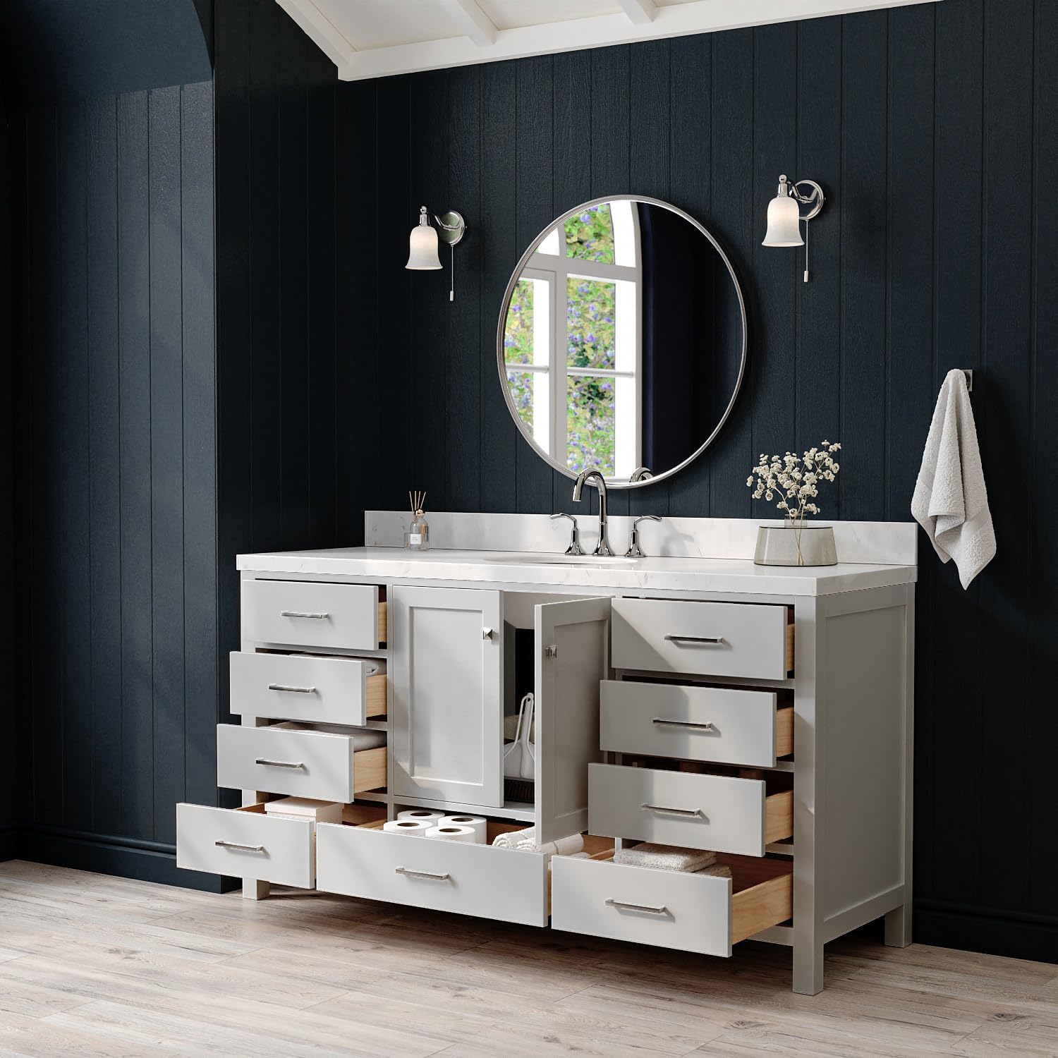 ARIEL Cambridge 66-inch Bathroom Vanity with Sink,Solid Wood, 1.5-inch Carrara White Quartz Countertop & Backsplash, Single Oval Porcelain Sink, 2 Soft Closing Doors, 9 Dovetail Drawers, Grey