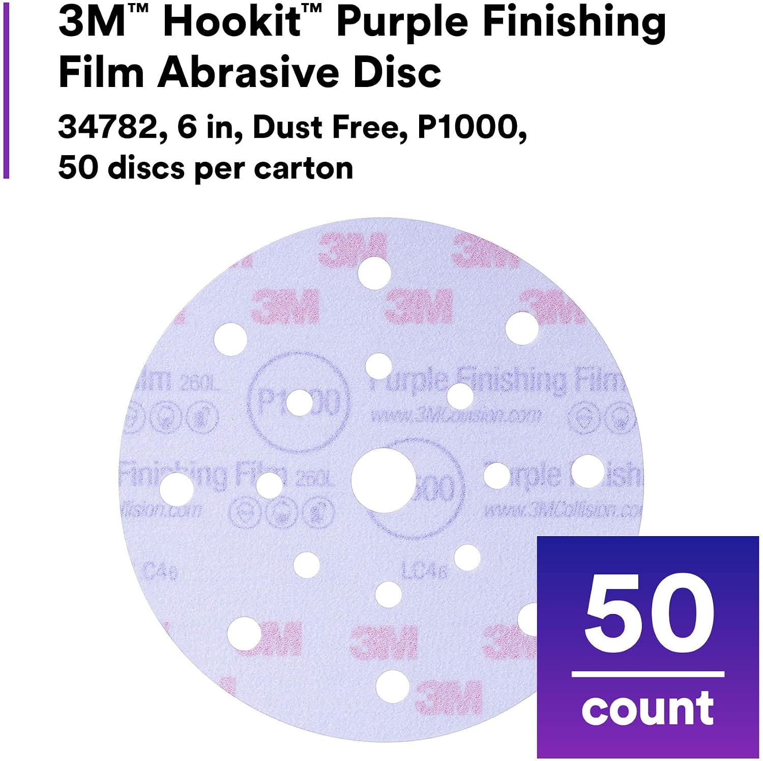 3M Hookit Purple Finishing Film Abrasive Disc 34782, 6 in, 1000+ Grade, 50 Pack, Clear Coat Sanding, Paint Finishing, Defect Removal, Long Lasting