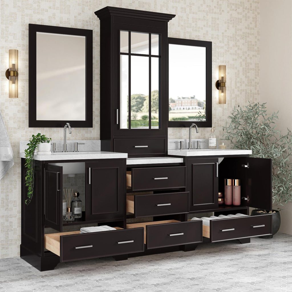 ARIEL Stafford 84-inch Bathroom Vanity with Sink,Solid Wood, 1.5-inch Italian Carrara Marble Countertop, Double Rectangular Porcelain Sink, 5 Soft Closing Doors, 6 Dovetail Drawers, Espresso