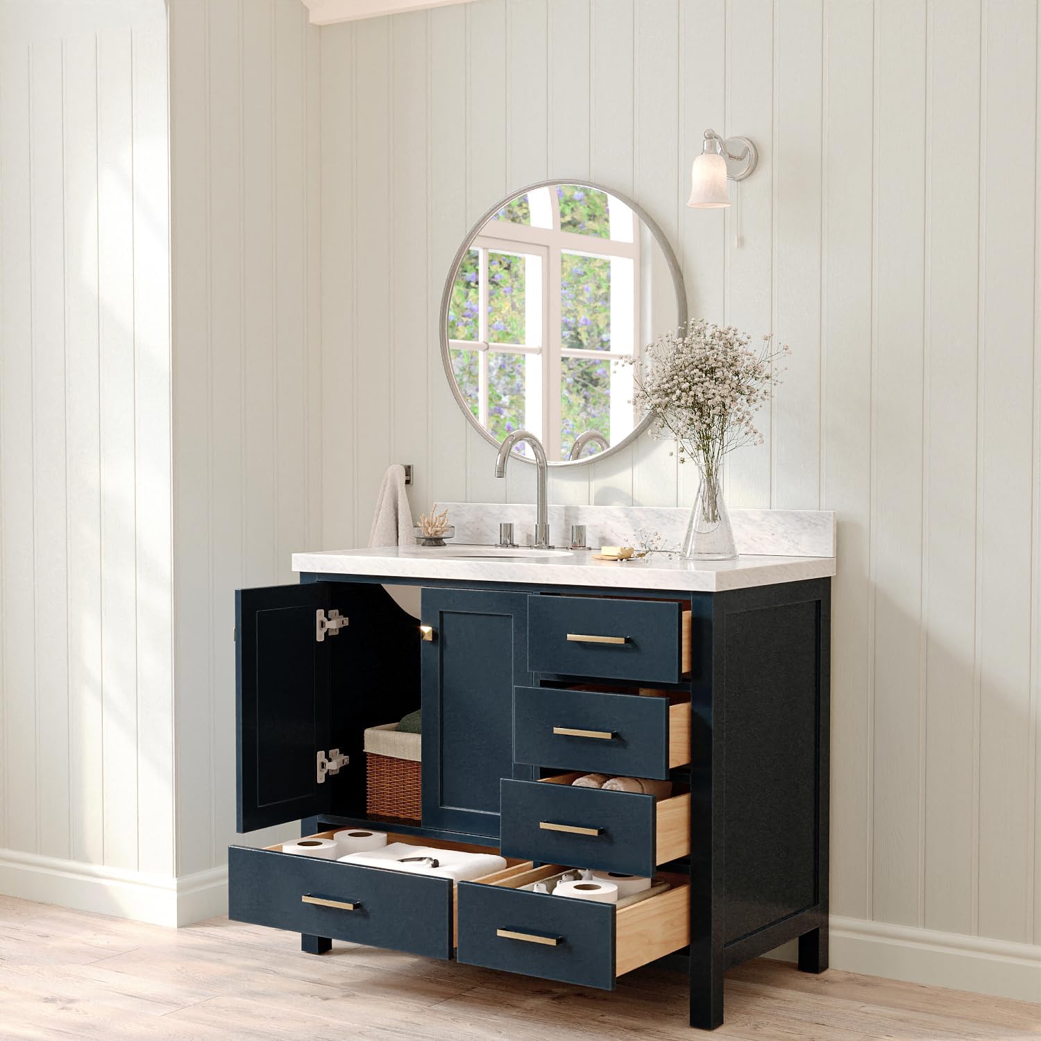 ARIEL Cambridge 42-inch Bathroom Vanity with Sink,Solid Wood, 1.5-inch Italian Carrara Marble Countertop, Single Oval Porcelain Sink, 2 Soft Closing Doors, 5 Dovetail Drawers, Midnight Blue