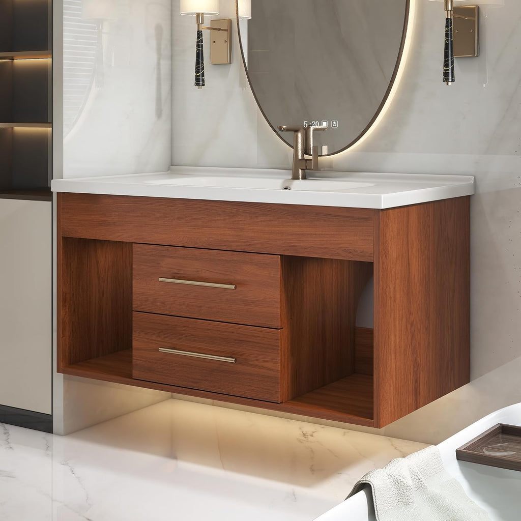 36' Floating Bathroom Vanity with Single Sink, Modern Wall Mounted Bathroom Vanities with Ceramic Basin, Wood Bathroom Vanity Cabinet with 2 Drawers and 2 Open Cabinets, Walnut