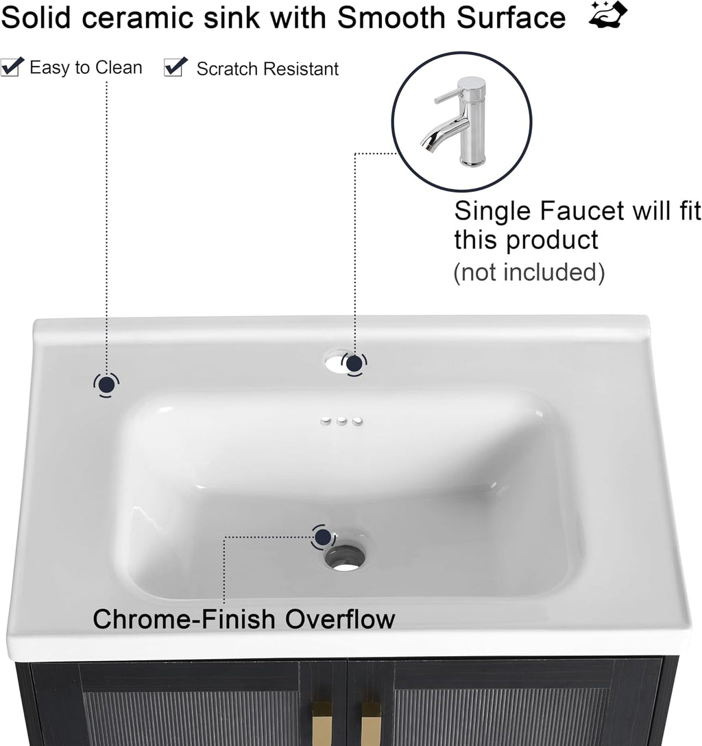 Malwee 28 Inch Freestanding Bathroom Vanity with Sink, 28'' Floor Standing Bathroom Vanity, Modern Vanity with 2 Doors and White Ceramic Basin Sink Top (083-28)
