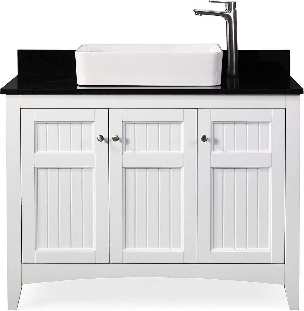 42' Triadsville White Vanity with Black Granite Top, Vessel Style Bathroom Sink, Soft-Closing Doors, Full Extension Drawer, Brushed Nickel Hardware