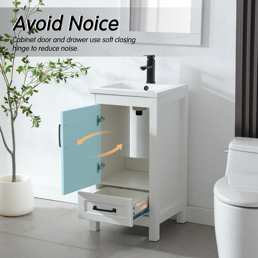 LUCKWIND 18' Bathroom Vanity and Sink Combos, Modern Bathroom Storage Painted Cabinet with Undercounter Ceramic Single Sink Top, Matte Black Faucet and Drawer, Mirror Not Included, White