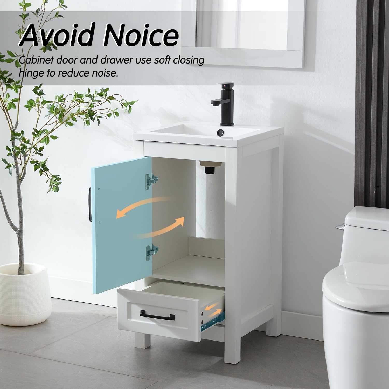 LUCKWIND 18' Bathroom Vanity and Sink Combos, Modern Bathroom Storage Painted Cabinet with Undercounter Ceramic Single Sink Top, Matte Black Faucet and Drawer, Mirror Not Included, White