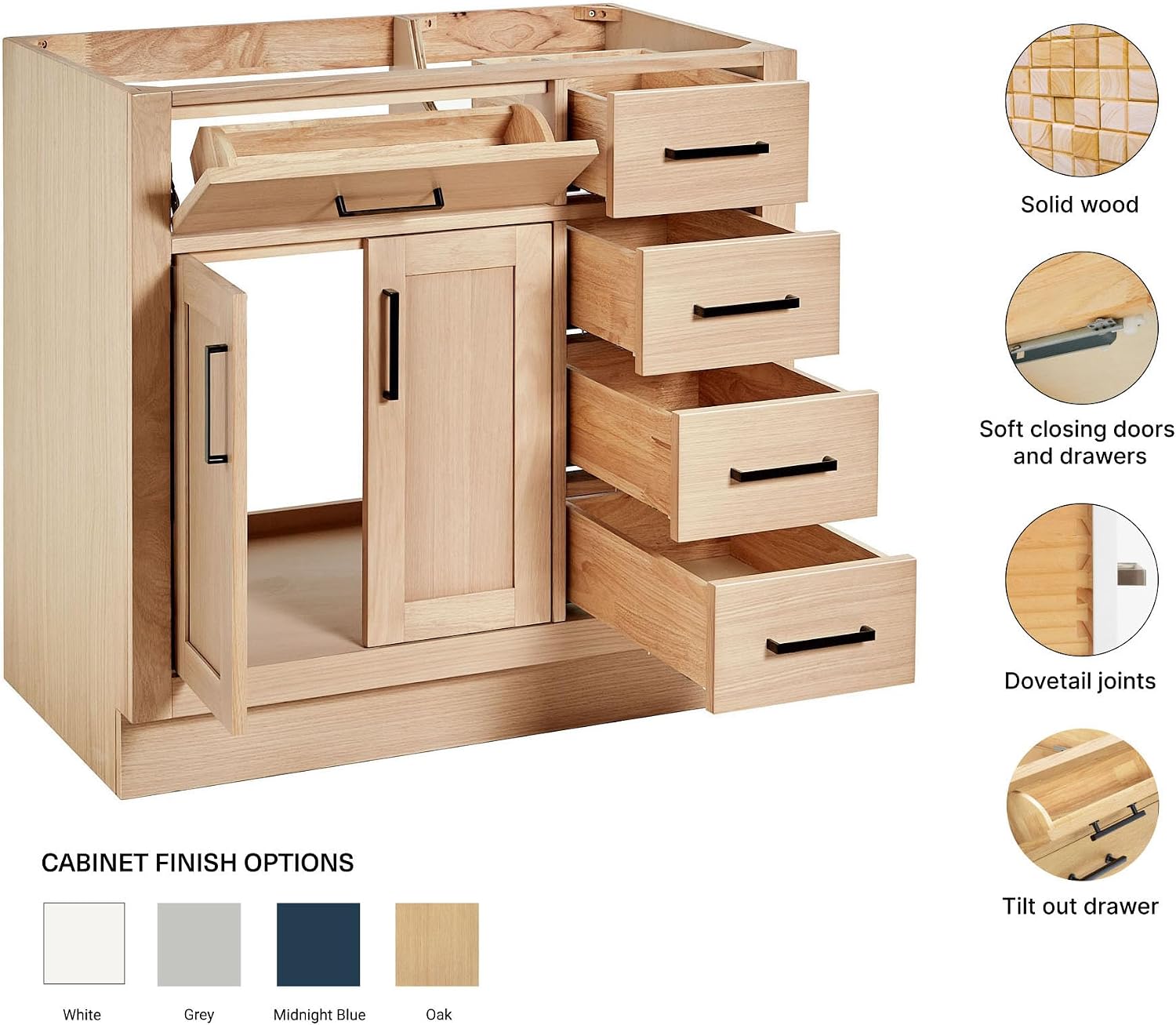 ARIEL Hepburn 36-inch Bathroom Vanity Base Cabinet,Solid Wood, 2 Soft Closing Doors, 5 Dovetail Drawers, White Oak