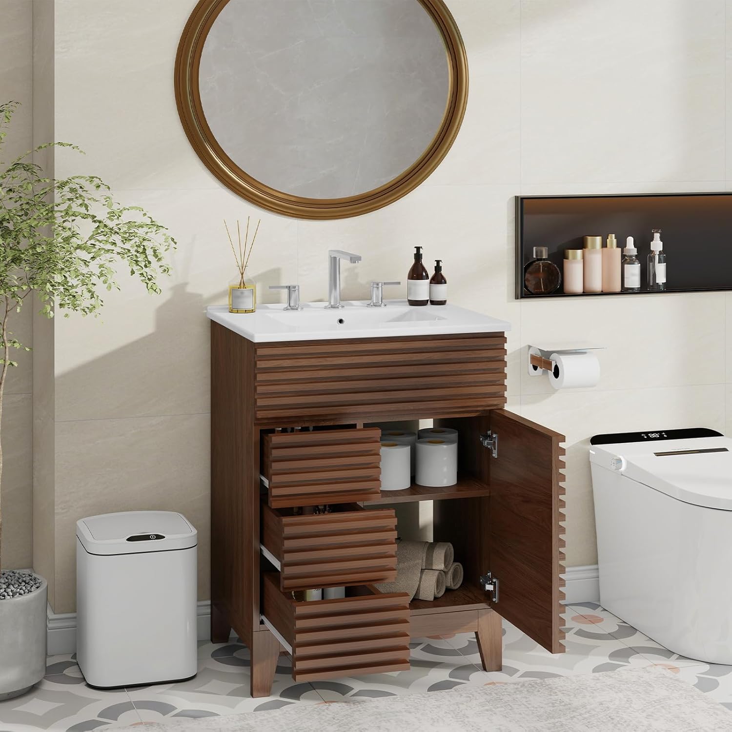 Vabches Bathroom Vanity with Sink Combo, Mid-Century Bathroom Cabinet with 3 Storage Drawers, Freestanding Storage Cabinet with Soft Closing Door, Vintage Sink Vanity with Wood Grain Laminate, Walnut