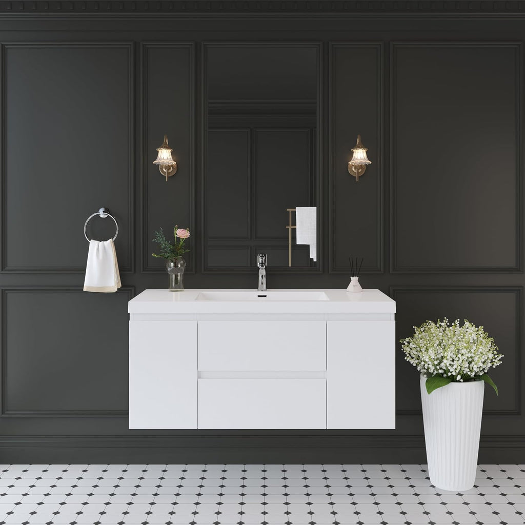 GDFStudio 48' Floating Bathroom Vanity with Sink, Wall-Mounted Vanity Cabinet with Solid Surface Countertop, Integrated Basin, Soft Close Drawers, Modern Space-Saving Design, Glossy White
