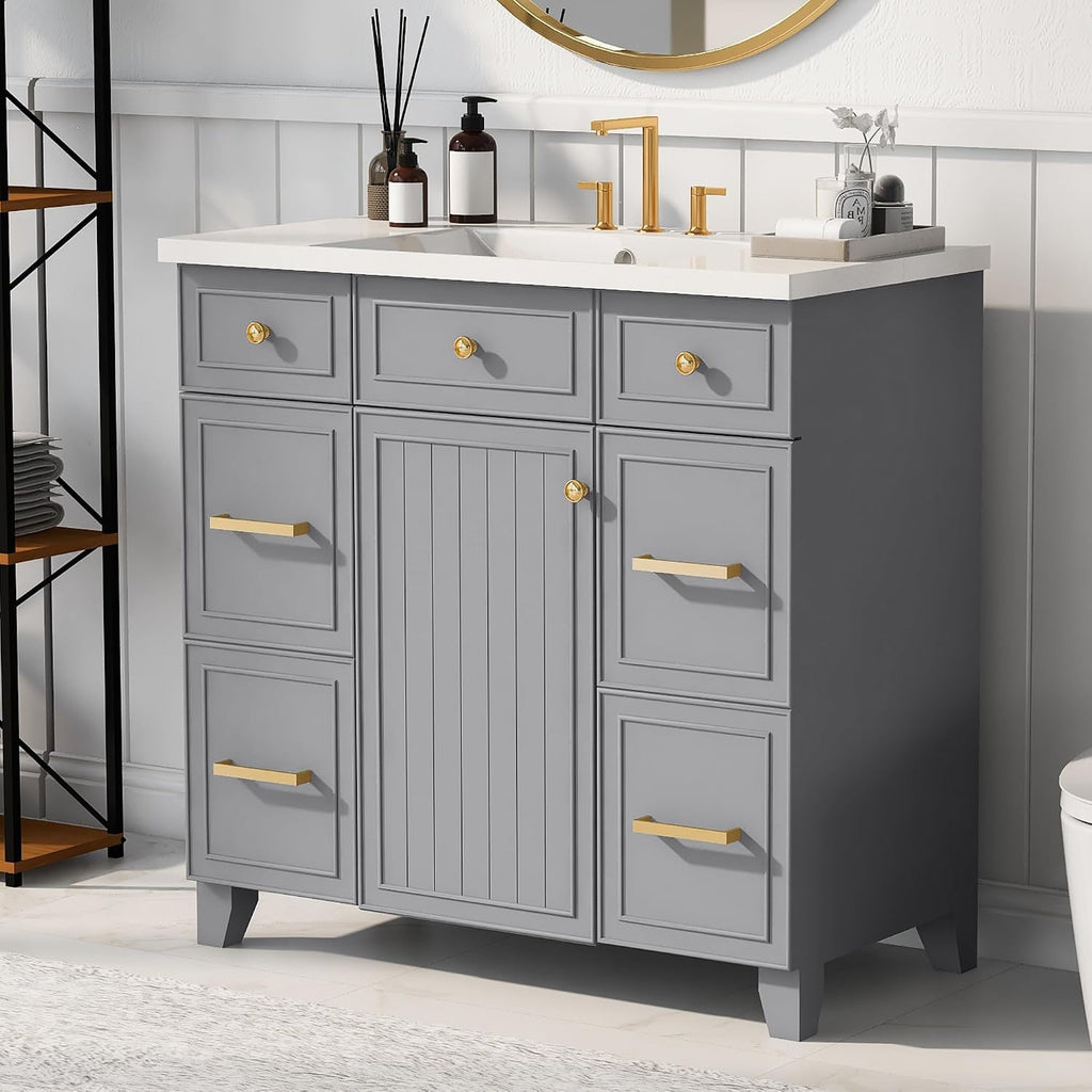 LUMISOL 36' Bathroom Vanity with Sink Top, Modern Bathroom Storage Cabinet with 3 Drawers & 2 Doors, Grey Bathroom Vanity with Undermount Sink, Solid Wood Frame