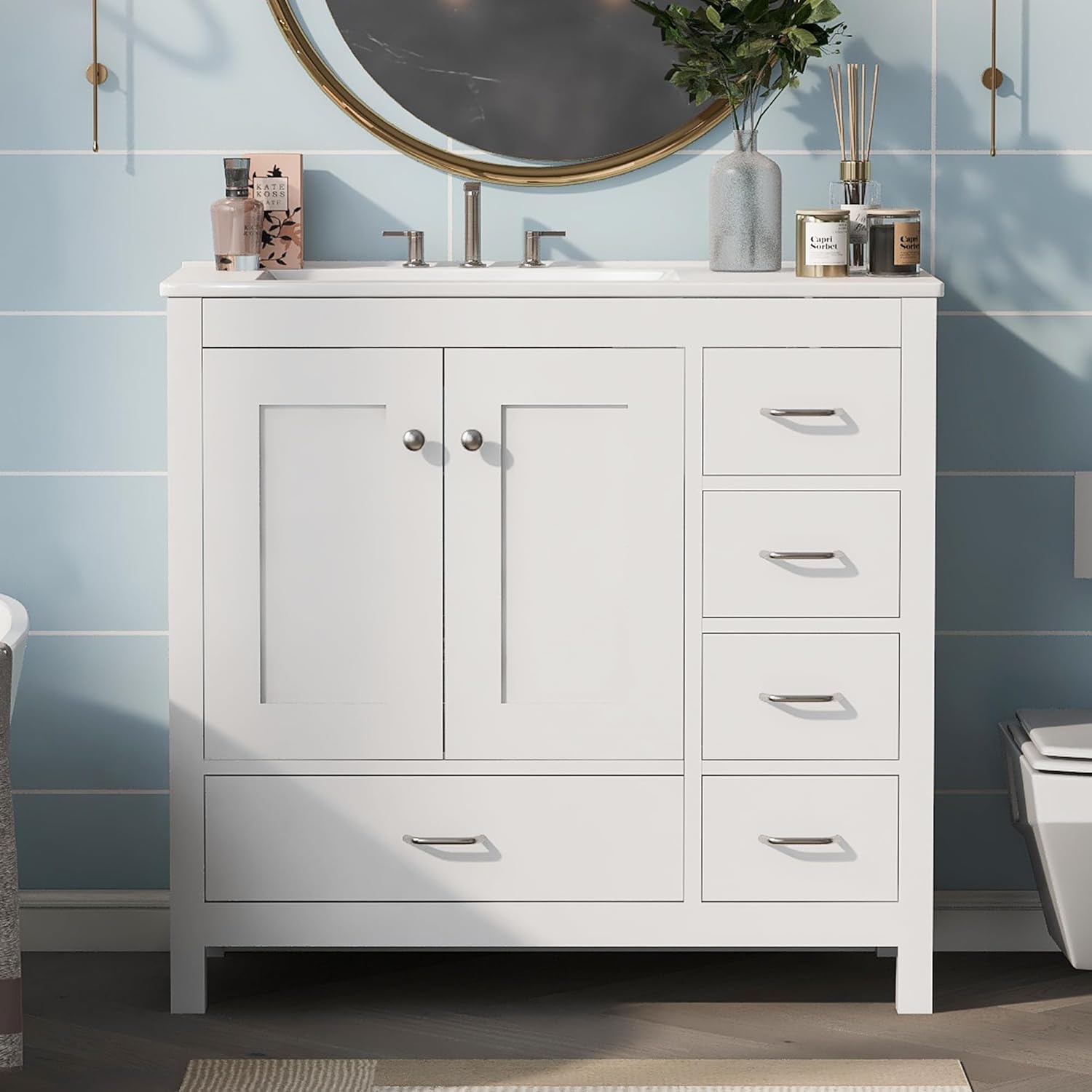 Harper & Bright Designs 36' Bathroom Vanity with Sink, Free Standing Single Basin Vanity Set with Two Doors and 5 Drawers, Solid Wood Bathroom Cabinet with Ceramic Basin for Bathroom, White