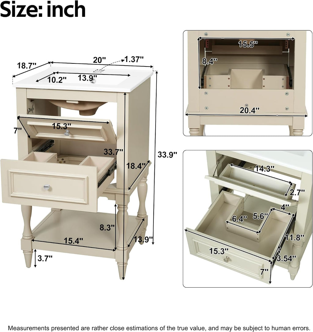 Merax Country 20' Bathroom Vanity with Sink, Farmhouse Bathroom Vanity Storage Cabinet with 2 Drawers and Open Shelf, Solid Wood Frame Bath Storage Vanity