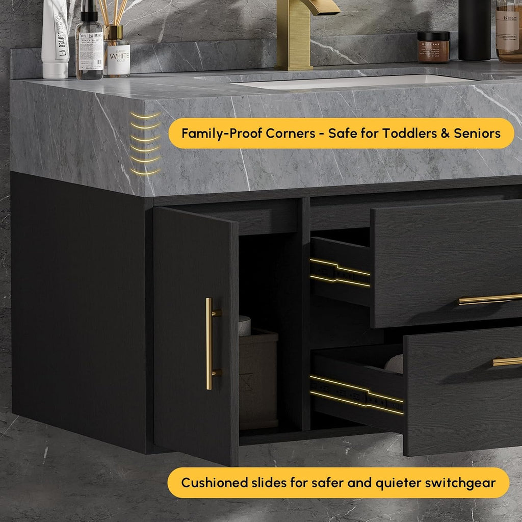 homary 39.4 inch Floating Bathroom Vanity with Single Sink, Modern Design with Sintered Stone Top & Undermount Sink, 2 Soft-Close Drawers for Master & Guest Bathrooms, Black