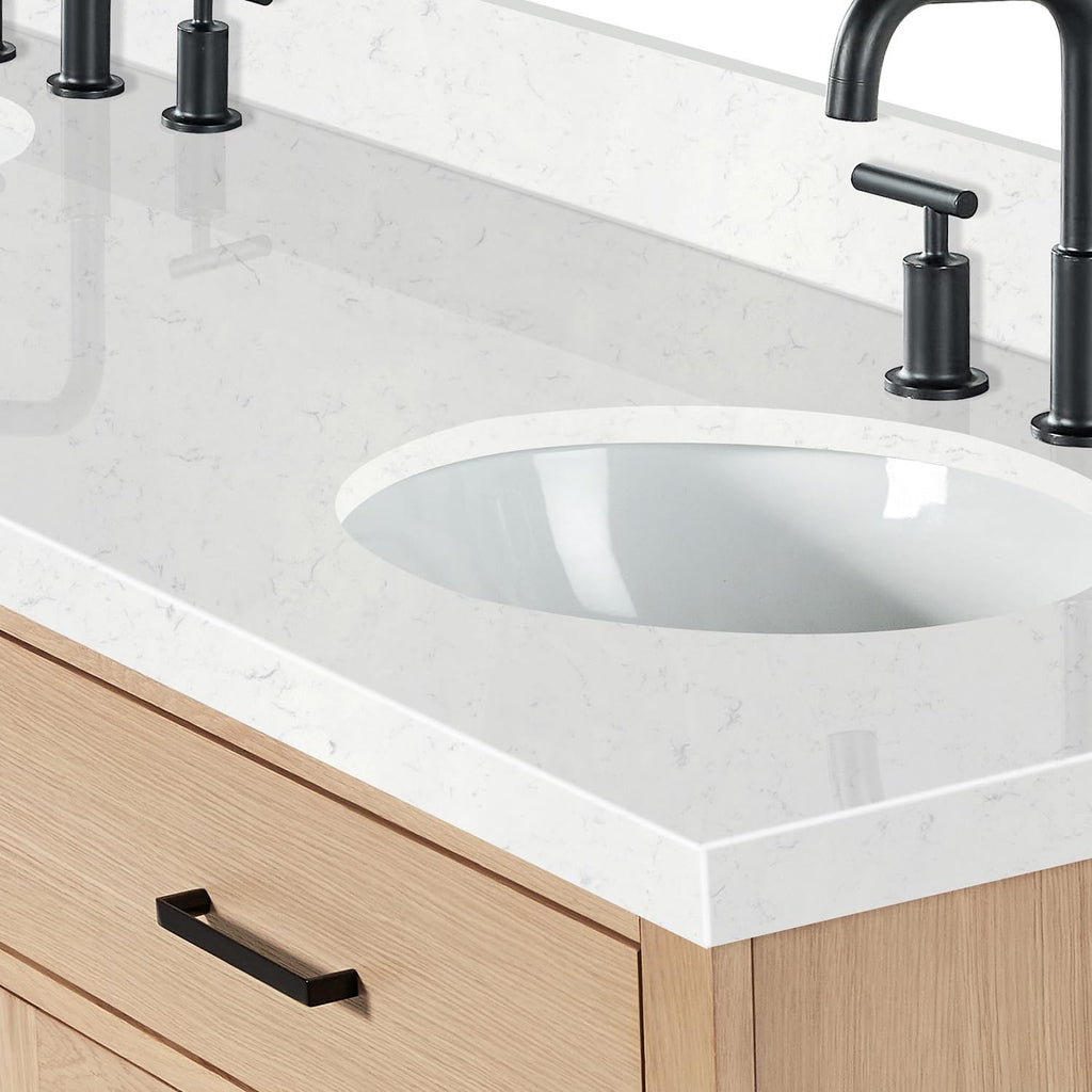 ARIEL Hepburn 72-inch Bathroom Vanity with Sink,Solid Wood, 1.5-inch Carrara White Quartz Countertop & Backsplash, Double Oval Porcelain Sink, 4 Soft Closing Doors, 6 Dovetail Drawers, White Oak
