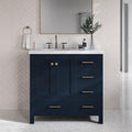 DKB Beckford 36' Midnight Blue Bathroom Vanity with Sink, Carrara White Marble Countertop, Oval Undermount Sink, Offset, 2 Soft Closing Doors, 5 Dovetail Drawers