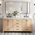 DKB Beckford 72-Inch Oak Double Bathroom Vanity, 1.5-Inch Pure White Quartz Countertop & 4-Inch Backsplash, Rectangle Sinks, 4 Soft Closing Doors, 6 Dovetail Drawers, Matte Black Hardware