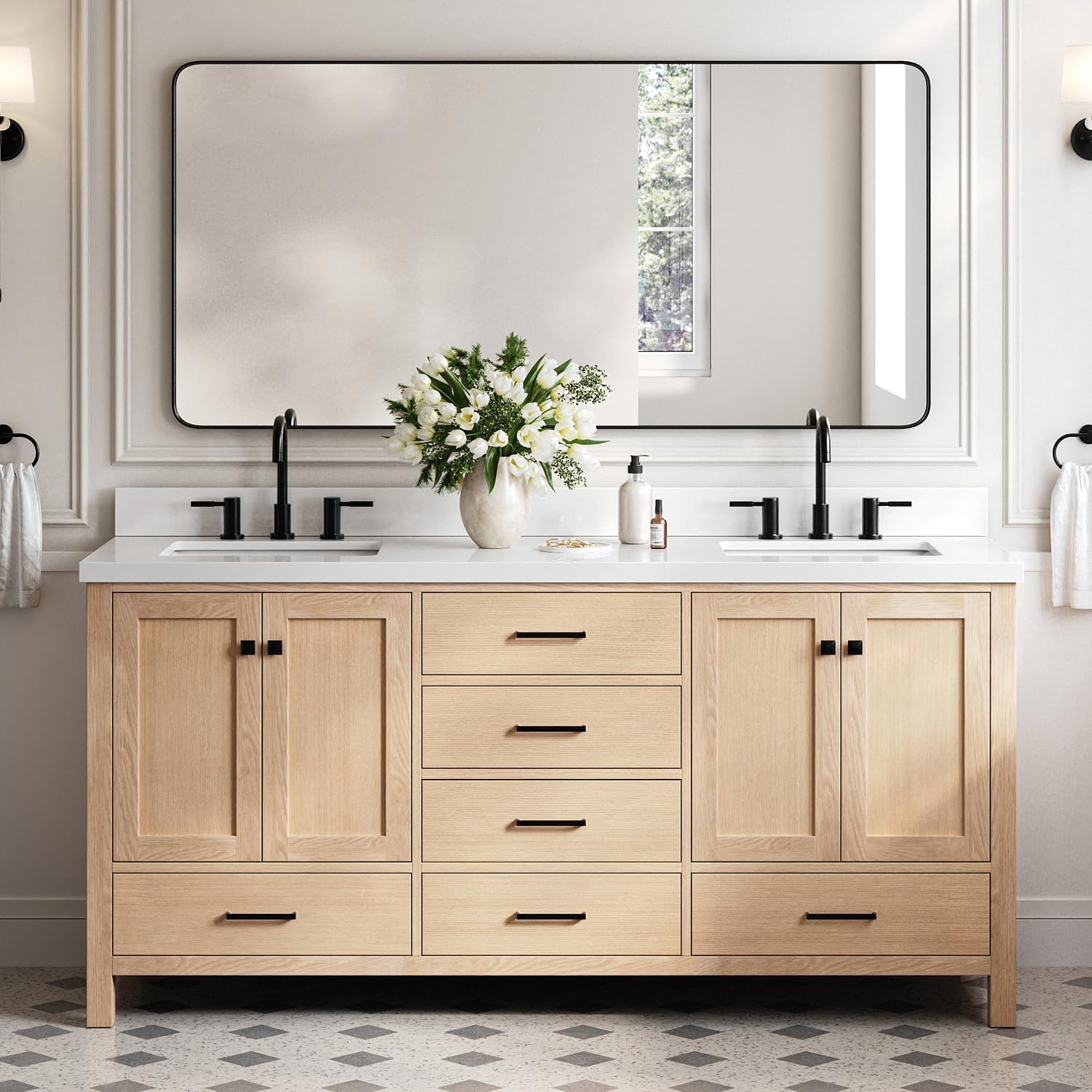 DKB Beckford 72-Inch Oak Double Bathroom Vanity, 1.5-Inch Pure White Quartz Countertop & 4-Inch Backsplash, Rectangle Sinks, 4 Soft Closing Doors, 6 Dovetail Drawers, Matte Black Hardware