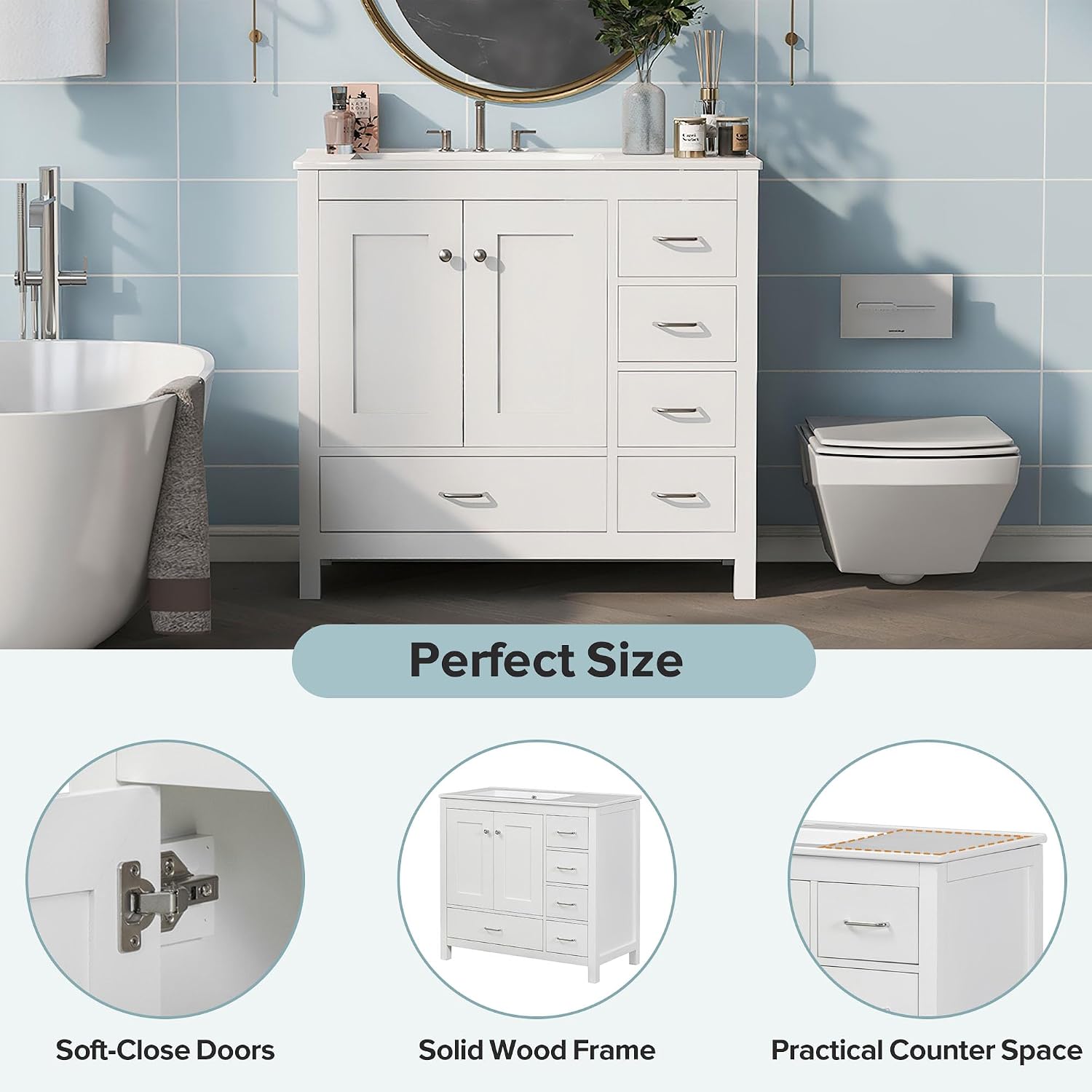 Harper & Bright Designs 36' Bathroom Vanity with Sink, Free Standing Single Basin Vanity Set with Two Doors and 5 Drawers, Solid Wood Bathroom Cabinet with Ceramic Basin for Bathroom, White