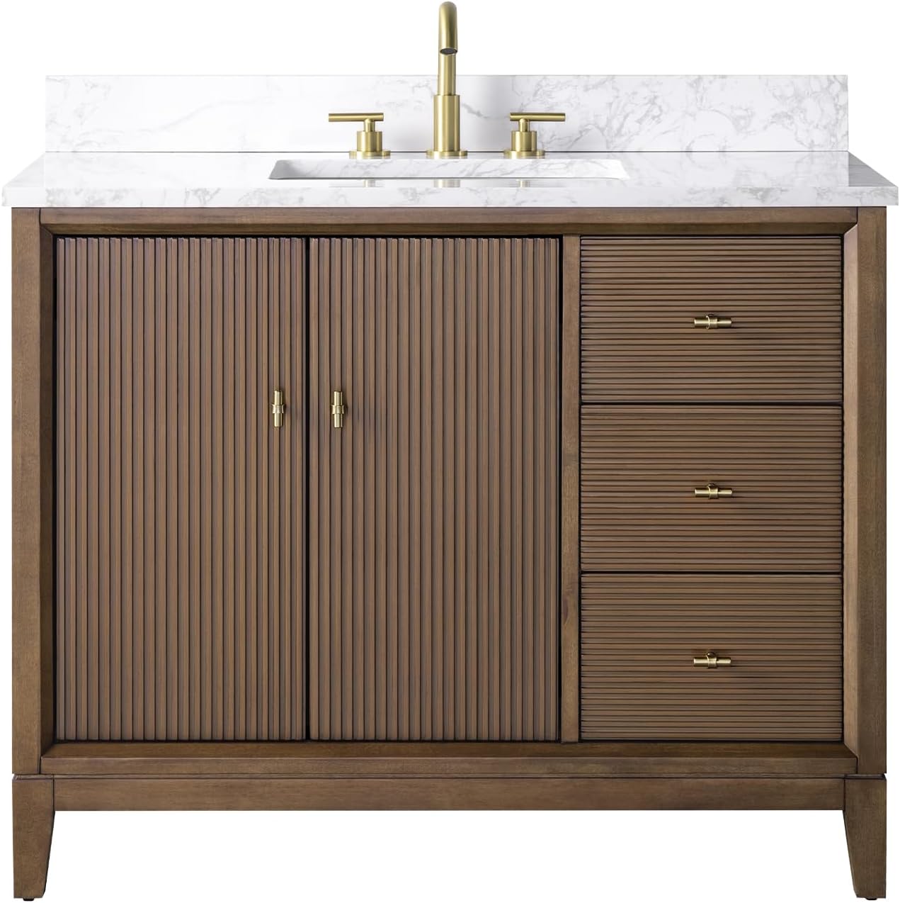 HOMEBEYOND 42' Bathroom Vanity with Single Sink & Engineered Marble Top, Solid Wood Frame, Linear Pattern & Soft Close Door | Golden Brushed Handware, Walnut