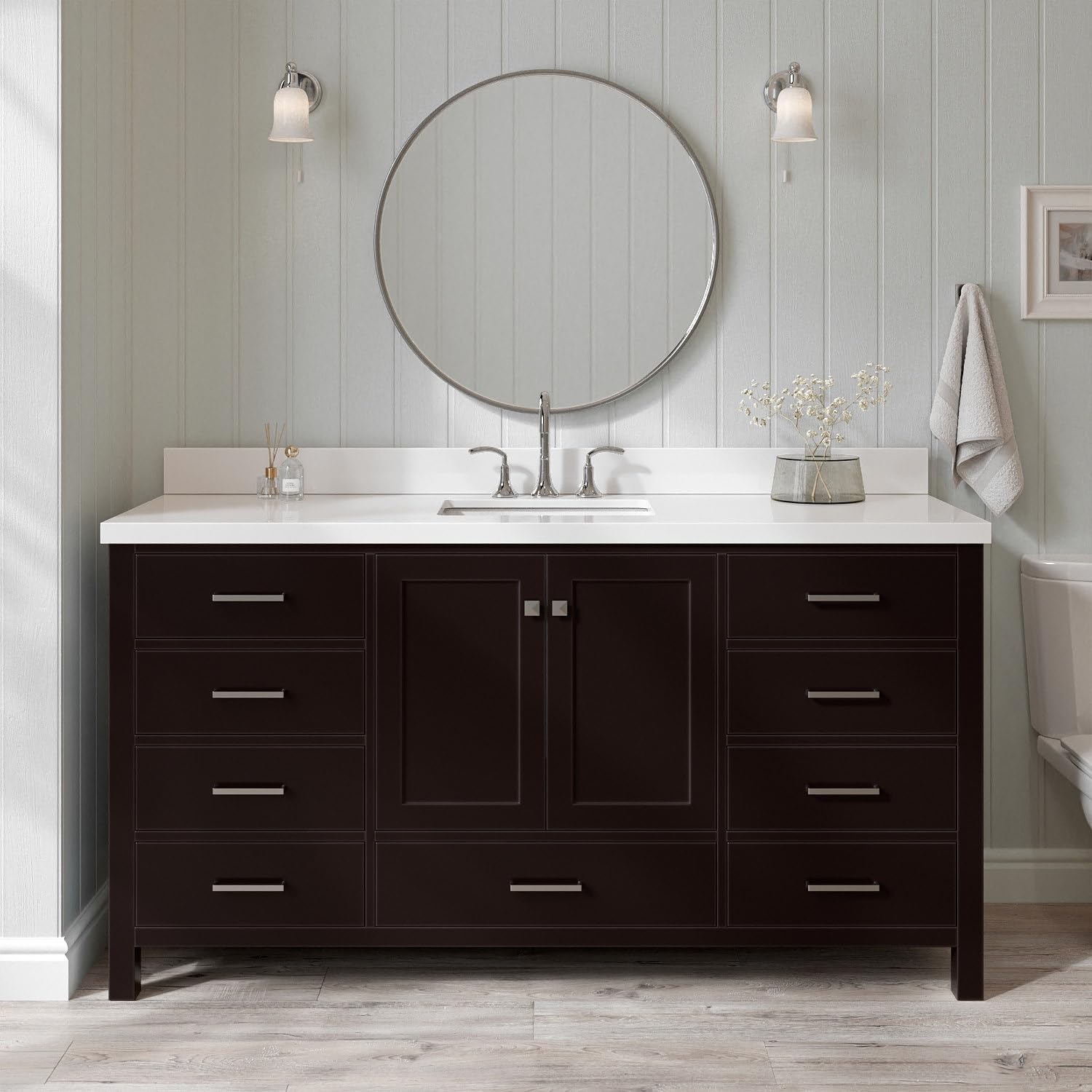 ARIEL Cambridge 66-inch Bathroom Vanity with Sink,Solid Wood, 1.5-inch Pure White Quartz Countertop, Single Rectangular Porcelain Sink, 2 Soft Closing Doors, 9 Dovetail Drawers, Espresso