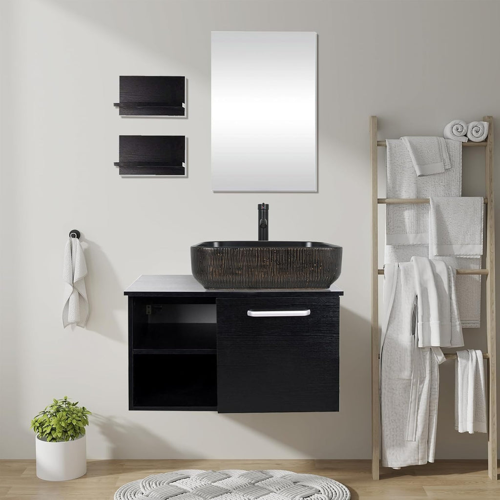 28 Inch Wall Mounted Bathroom Vanity and Ceramic Sink Combo with Mirror and ORB 1.5GPM Water Saving Faucet and Pop-up Drain Set Modern Lavatory Floating Vanity with Counter Top Sink