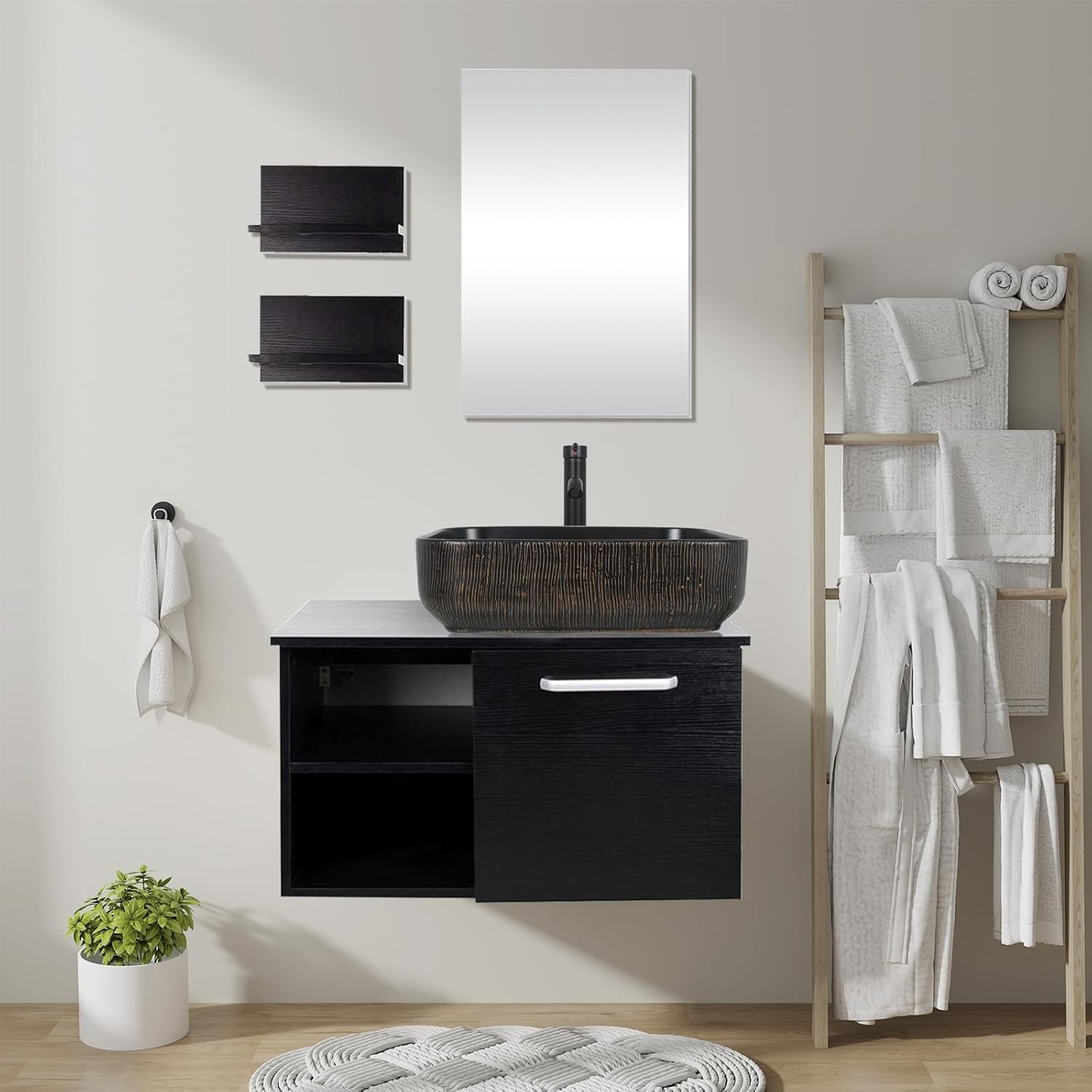 28 Inch Wall Mounted Bathroom Vanity and Ceramic Sink Combo with Mirror and ORB 1.5GPM Water Saving Faucet and Pop-up Drain Set Modern Lavatory Floating Vanity with Counter Top Sink