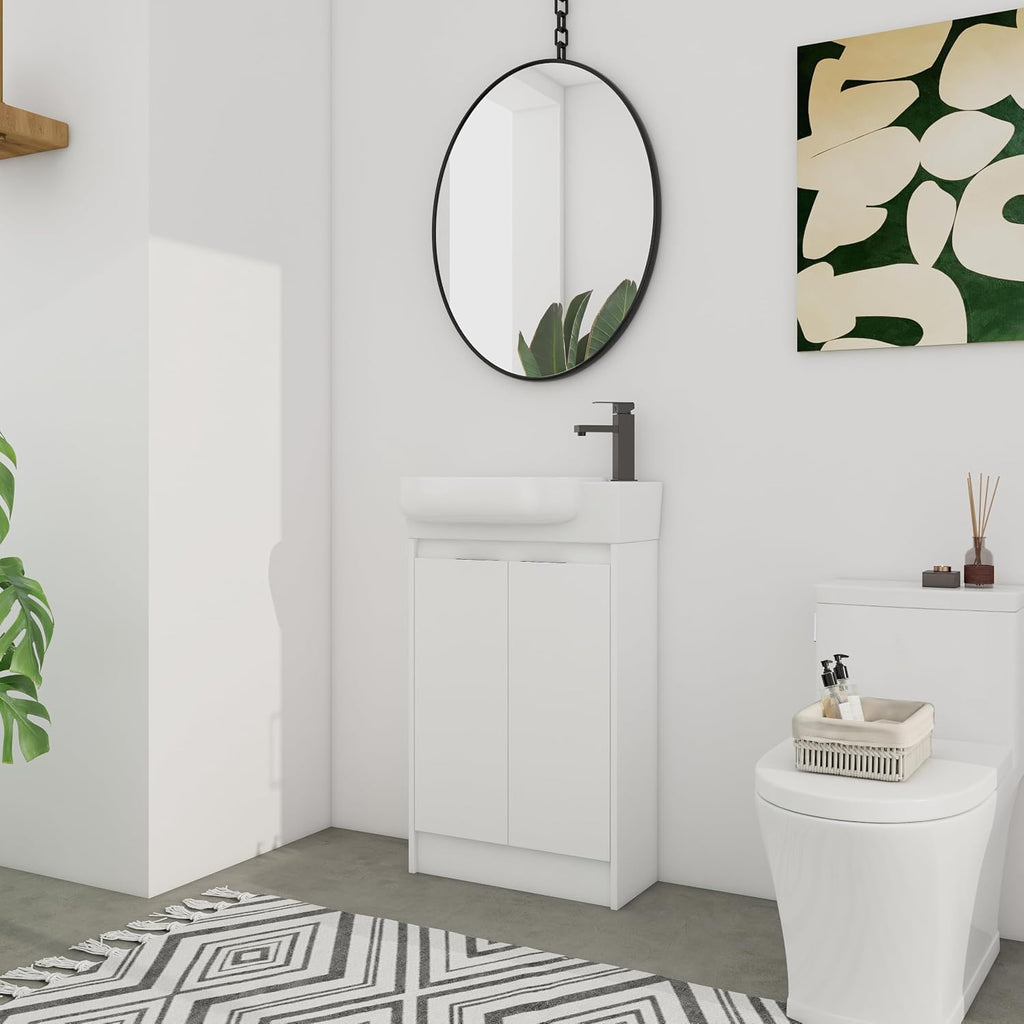 23' Small Bathroom Vanity with Sink, Freestanding Cabinet with Round Ceramic Basin, Soft Closing Doors, Adjustable Shelves, Modern Single Sink for Small Space, White