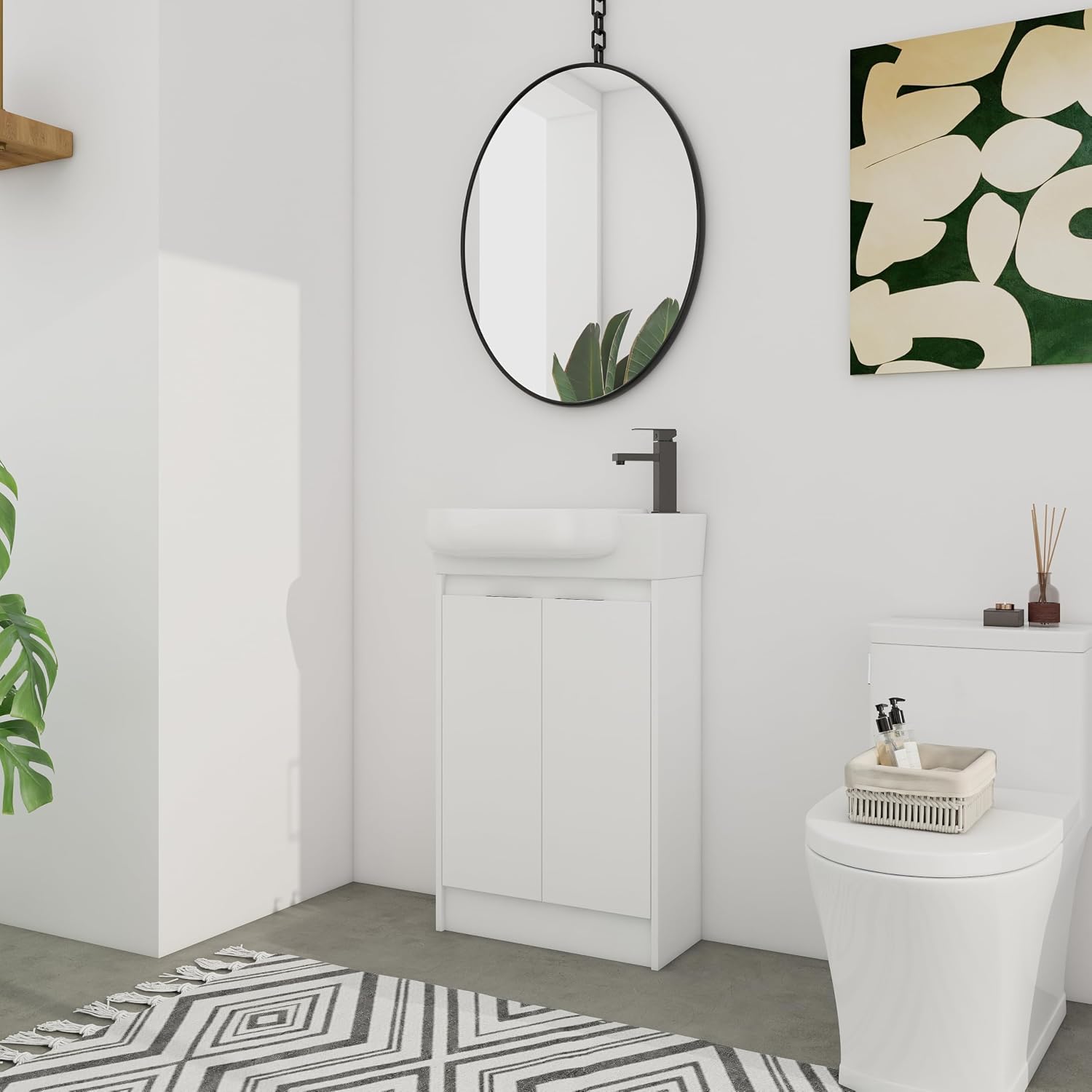 23' Small Bathroom Vanity with Sink, Freestanding Cabinet with Round Ceramic Basin, Soft Closing Doors, Adjustable Shelves, Modern Single Sink for Small Space, White