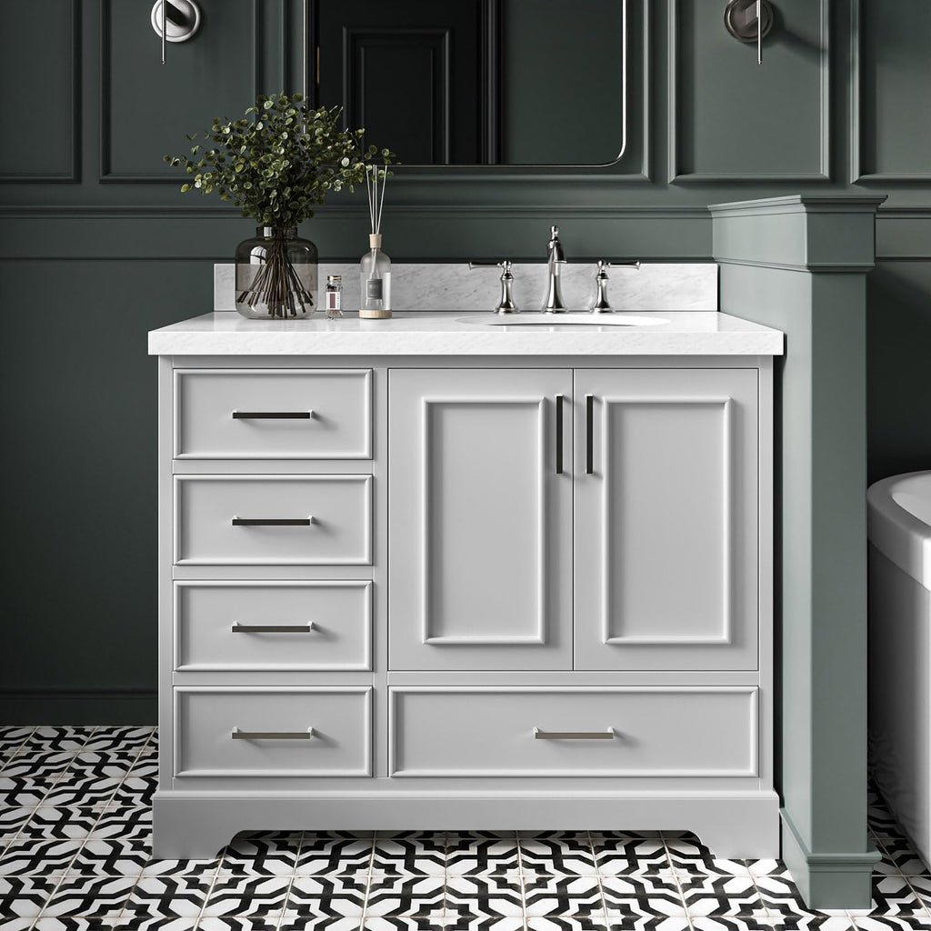 DKB Langford 42-inch Grey Bathroom Vanity with Right Oval Single Sink, Italian Carrara Marble Countertop & Backsplash, Solid Wood Frame, Soft-Closing & Dovetail Drawers