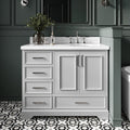 DKB Langford 42-inch Grey Bathroom Vanity with Right Oval Single Sink, Italian Carrara Marble Countertop & Backsplash, Solid Wood Frame, Soft-Closing & Dovetail Drawers
