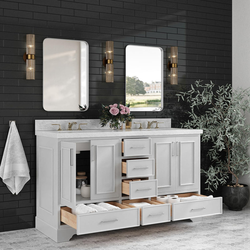 ARIEL Stafford 60-inch Bathroom Vanity with Sink,Solid Wood, 1.5-inch Italian Carrara Marble Countertop & Backsplash, Double Oval Porcelain Sink, 4 Soft Closing Doors, 6 Dovetail Drawers, Grey
