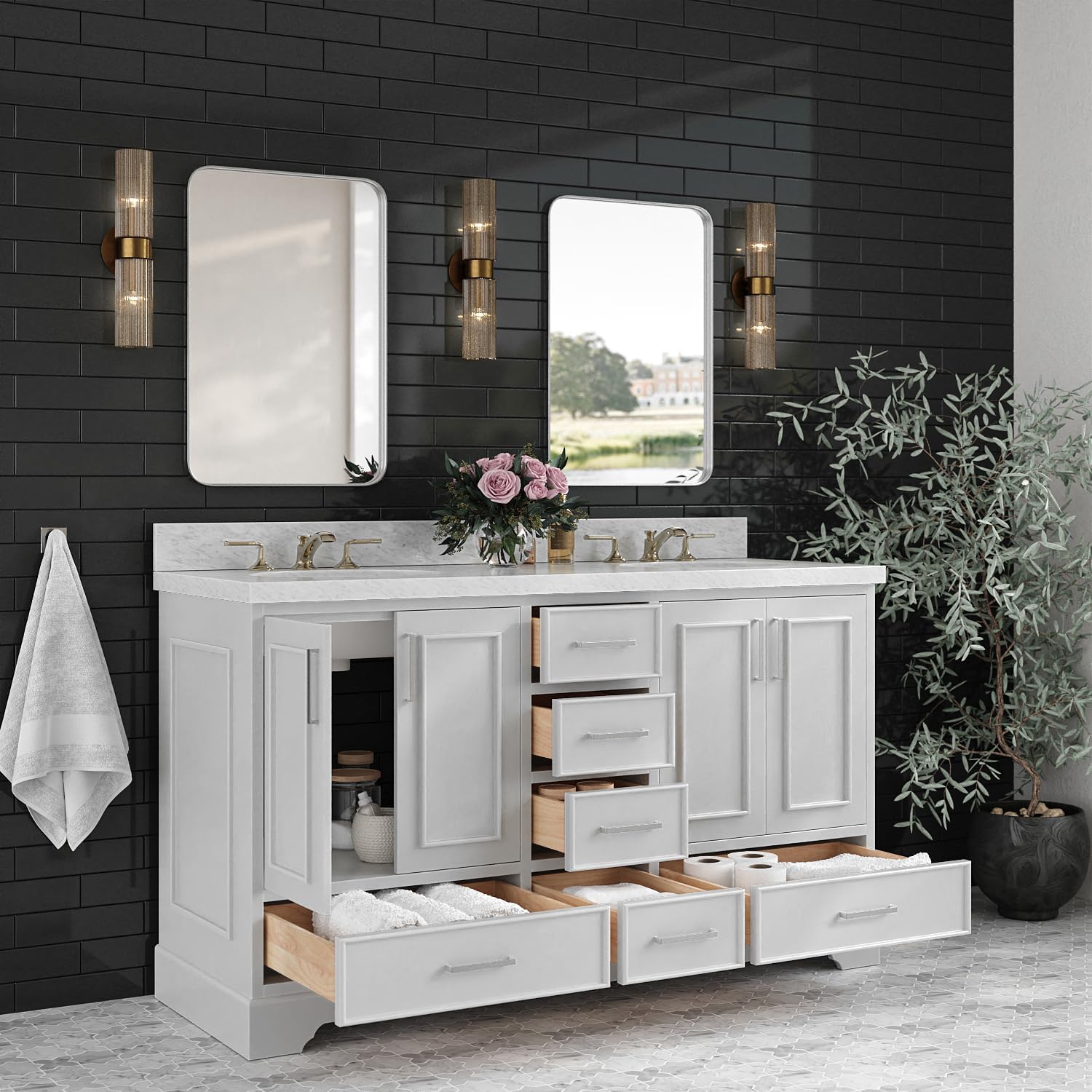 ARIEL Stafford 60-inch Bathroom Vanity with Sink,Solid Wood, 1.5-inch Italian Carrara Marble Countertop & Backsplash, Double Oval Porcelain Sink, 4 Soft Closing Doors, 6 Dovetail Drawers, Grey