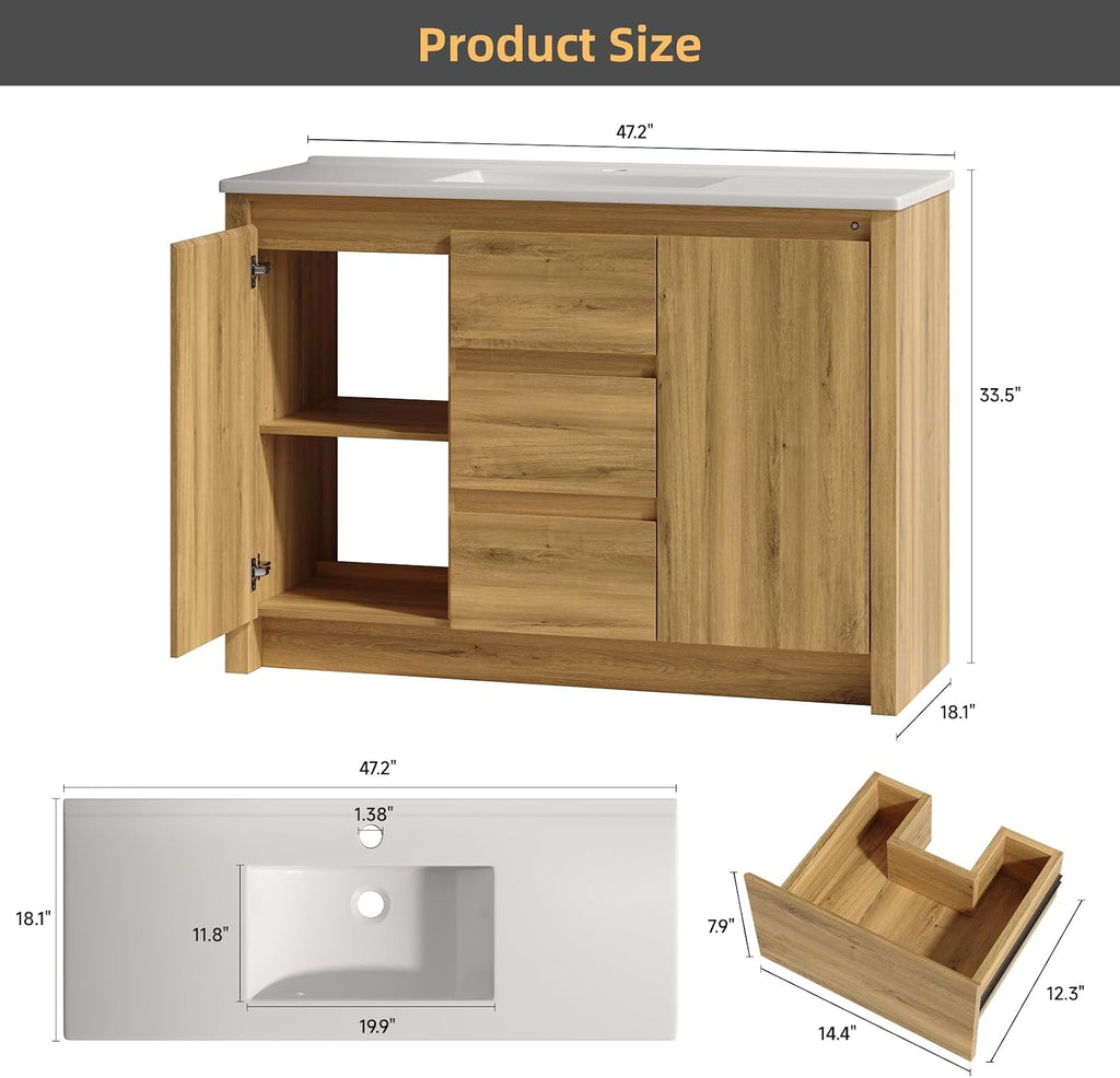 ONBRILL Modern Bathroom Vanity with Sink, Mid-Century Bath Vanities with Light & Integrated Resin Basin, 47.2' Large Single Sink Cabinet with Soft Closing Door & 3 Drawers for Master Bathroom, Hotel