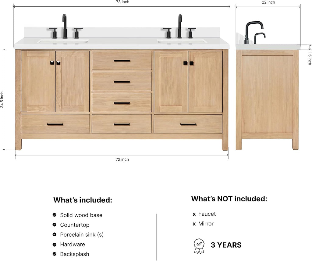DKB Beckford 72-Inch Oak Double Bathroom Vanity, 1.5-Inch Pure White Quartz Countertop & 4-Inch Backsplash, Rectangle Sinks, 4 Soft Closing Doors, 6 Dovetail Drawers, Matte Black Hardware