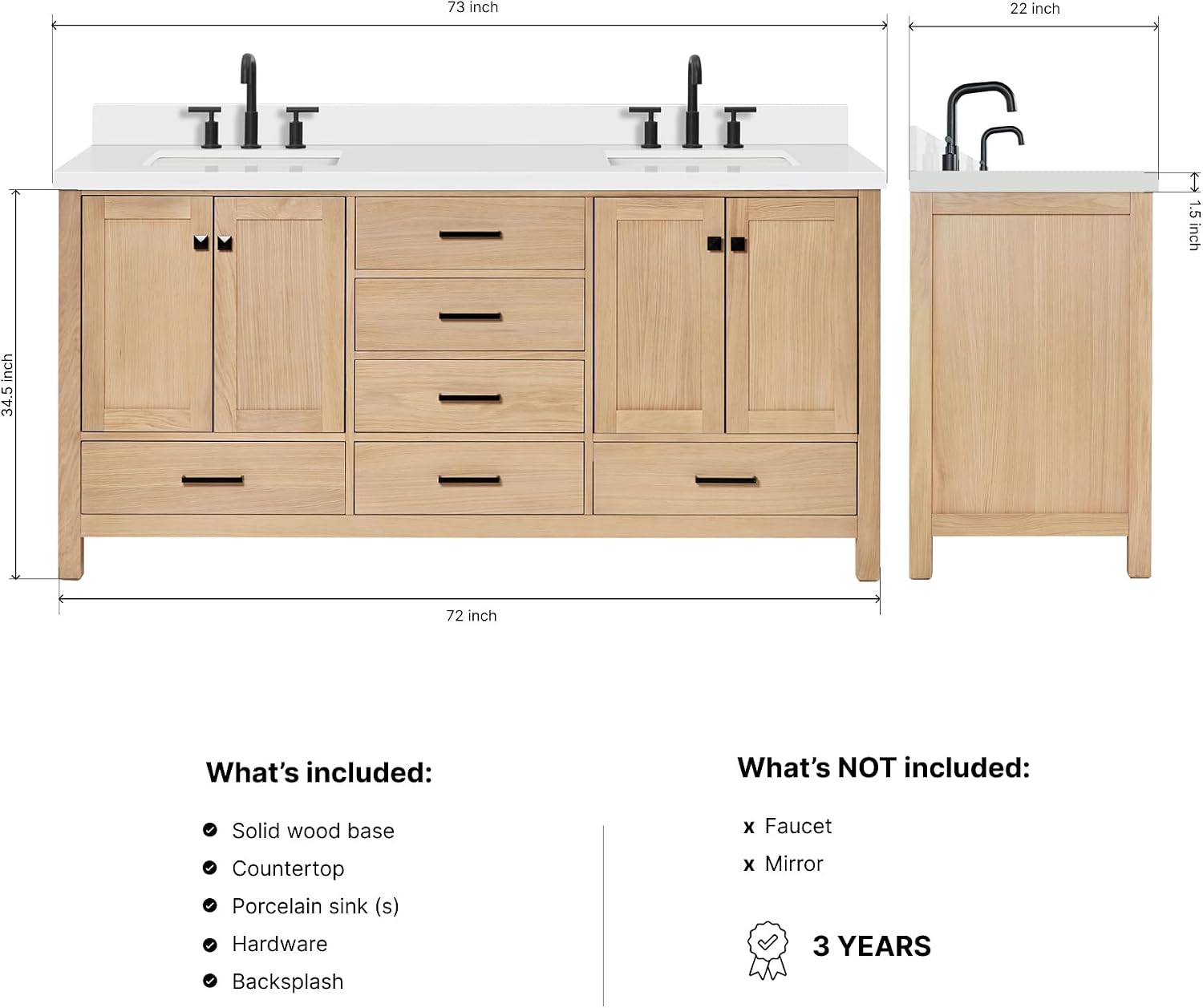 DKB Beckford 72-Inch Oak Double Bathroom Vanity, 1.5-Inch Pure White Quartz Countertop & 4-Inch Backsplash, Rectangle Sinks, 4 Soft Closing Doors, 6 Dovetail Drawers, Matte Black Hardware