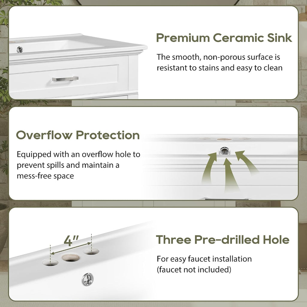 Harper & Bright Designs 24' Bathroom Vanity Top, Single Bathroom Vanity Top with Undermount Rectangular Middle Sink, Pre-Drilled 4 Inch Faucet Hole Vanity Top, (Faucet&Cabinet Not Included)
